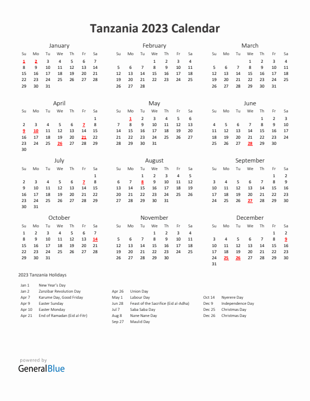 2023 Yearly Calendar Printable With Tanzania Holidays