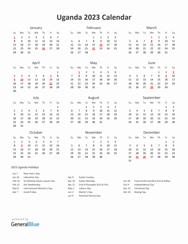 2023 Yearly Calendar Printable With Uganda Holidays