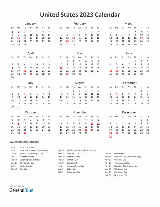 2023 Yearly Calendar Printable With United States Holidays