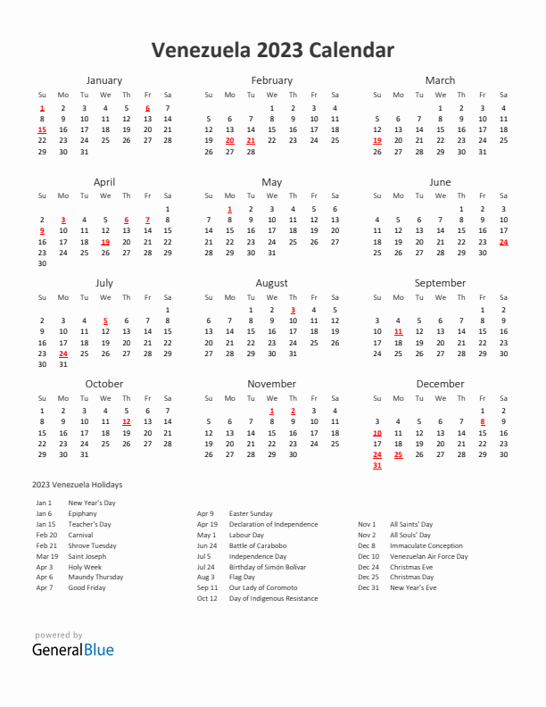 2023 Yearly Calendar Printable With Venezuela Holidays