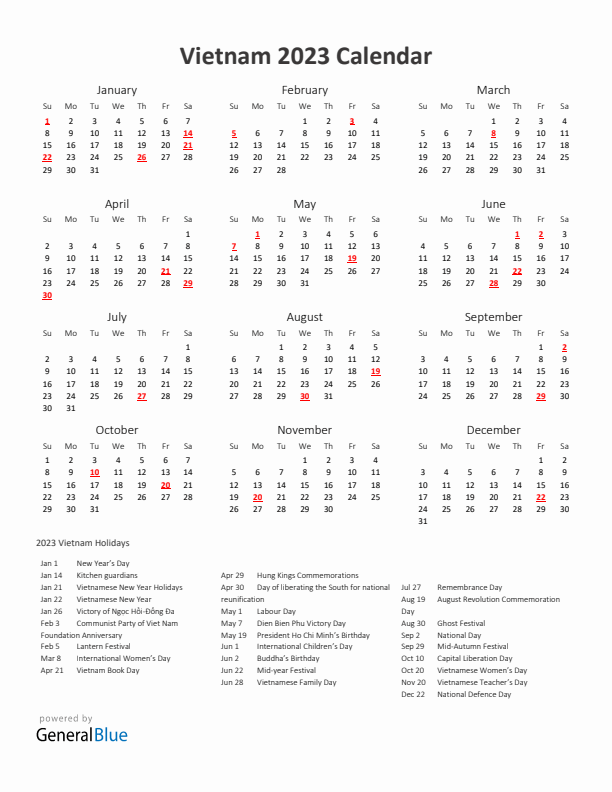 2023 Yearly Calendar Printable With Vietnam Holidays