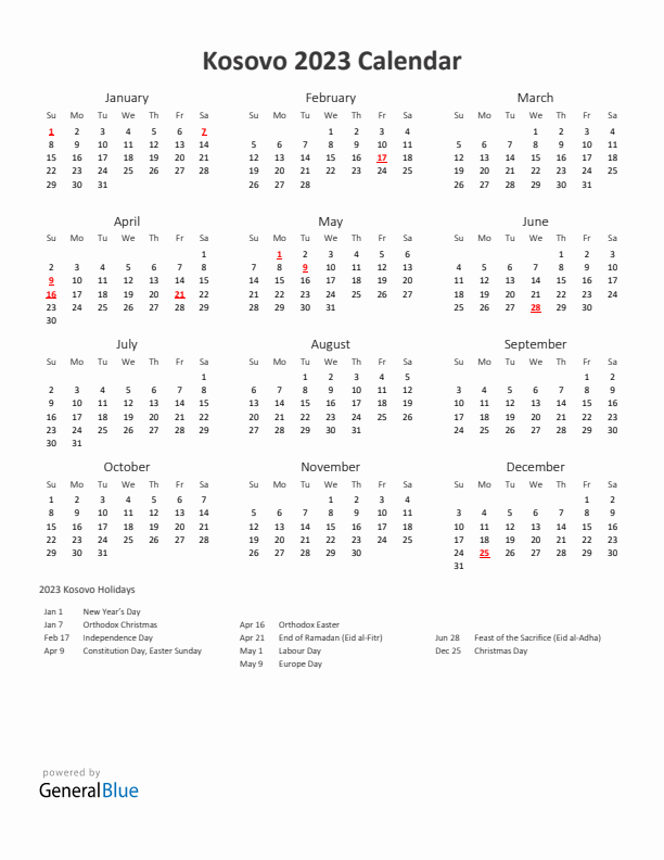 2023 Yearly Calendar Printable With Kosovo Holidays