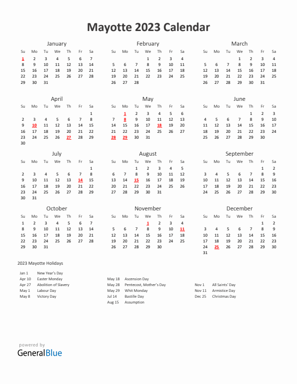2023 Yearly Calendar Printable With Mayotte Holidays