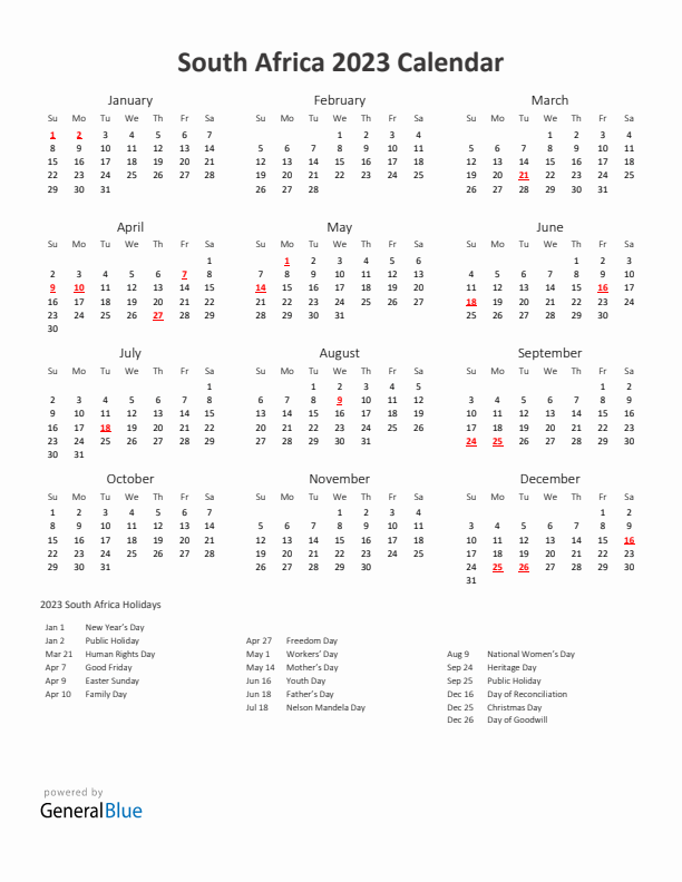 2023 Yearly Calendar Printable With South Africa Holidays