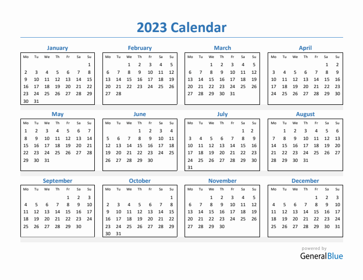 2023 Simple Yearly Calendar (PDF Excel Word)