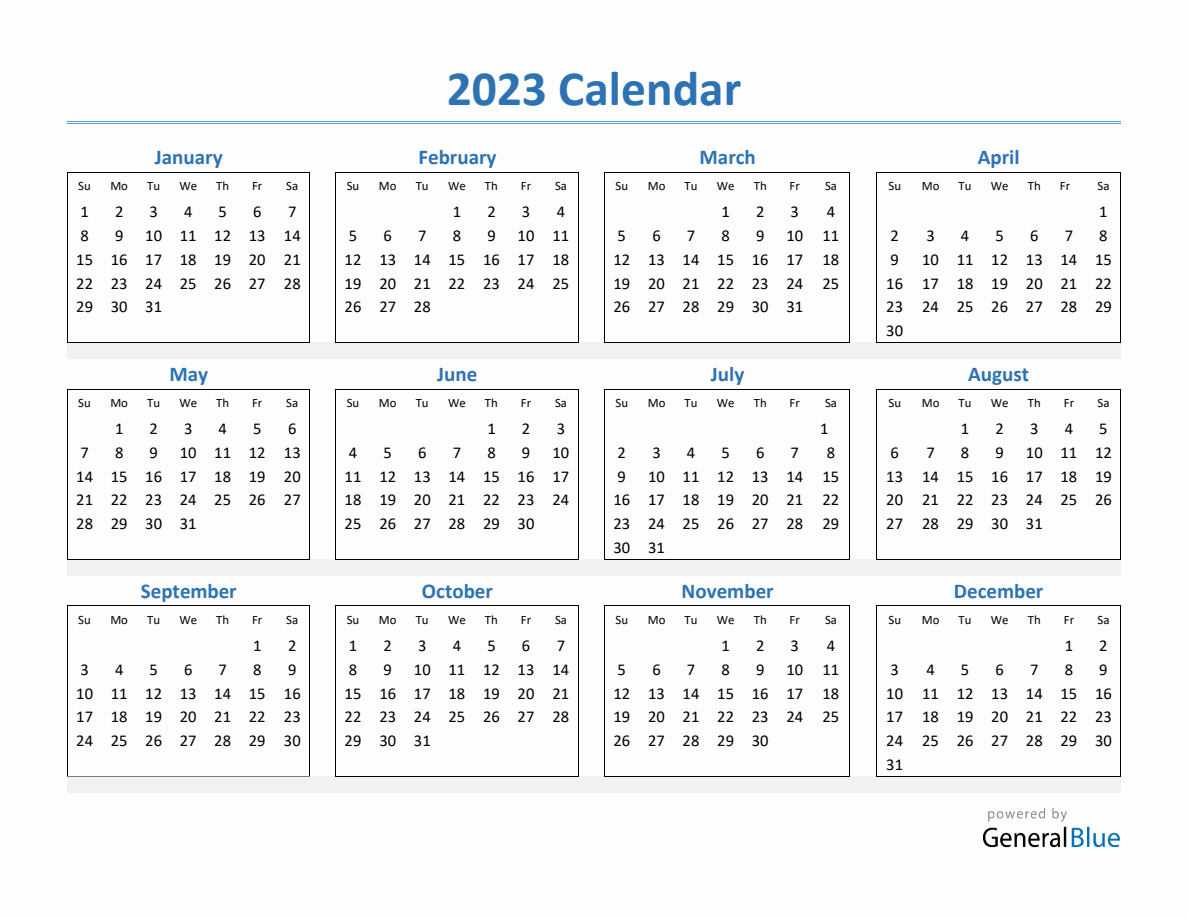 2023 Simple Yearly Calendar (PDF Excel Word)