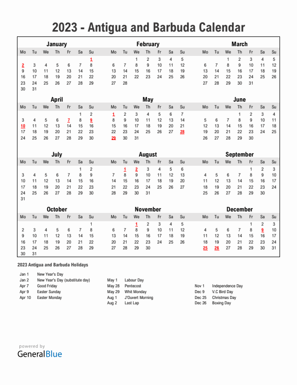 Year 2023 Simple Calendar With Holidays in Antigua and Barbuda