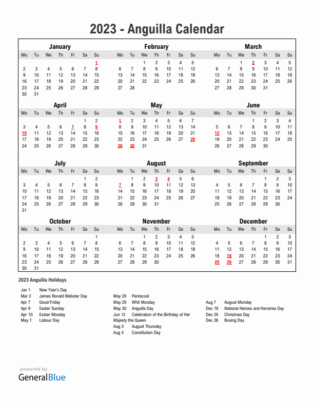 Year 2023 Simple Calendar With Holidays in Anguilla