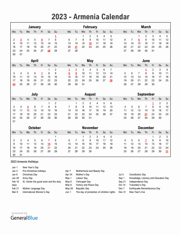 Year 2023 Simple Calendar With Holidays in Armenia