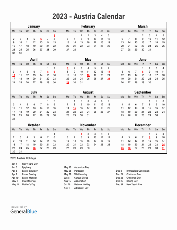 Year 2023 Simple Calendar With Holidays in Austria