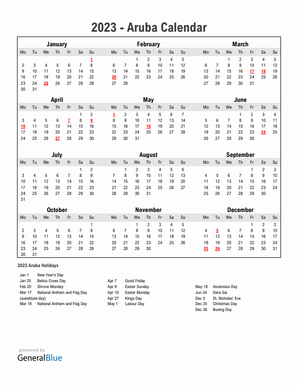 Year 2023 Simple Calendar With Holidays in Aruba