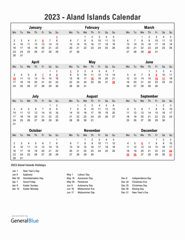 Year 2023 Simple Calendar With Holidays in Aland Islands