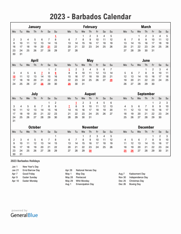 Year 2023 Simple Calendar With Holidays in Barbados