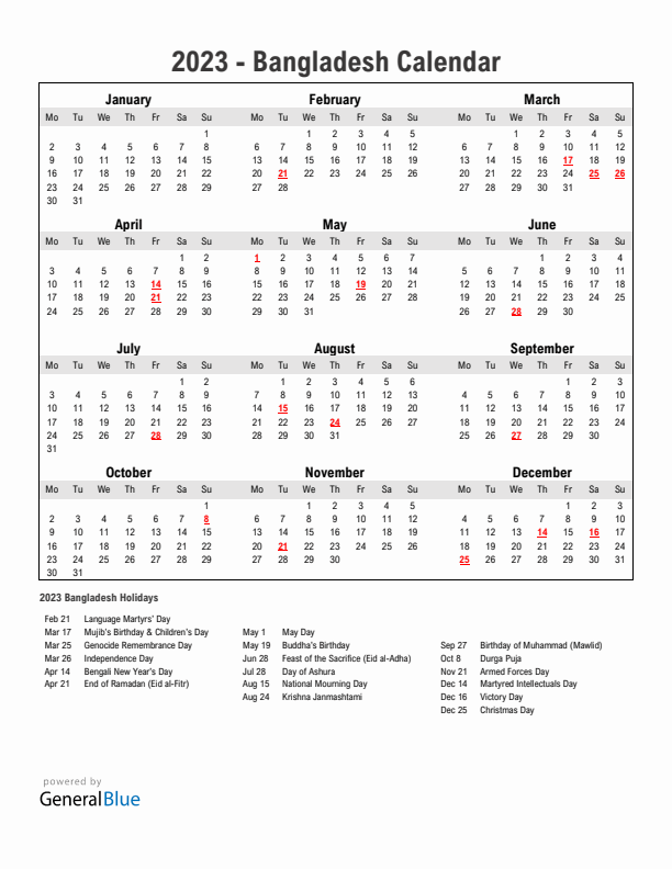 Year 2023 Simple Calendar With Holidays in Bangladesh