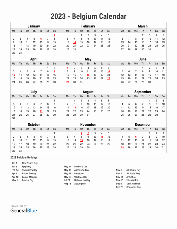Year 2023 Simple Calendar With Holidays in Belgium