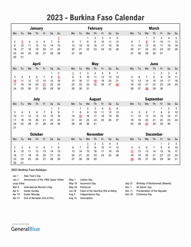 Year 2023 Simple Calendar With Holidays in Burkina Faso