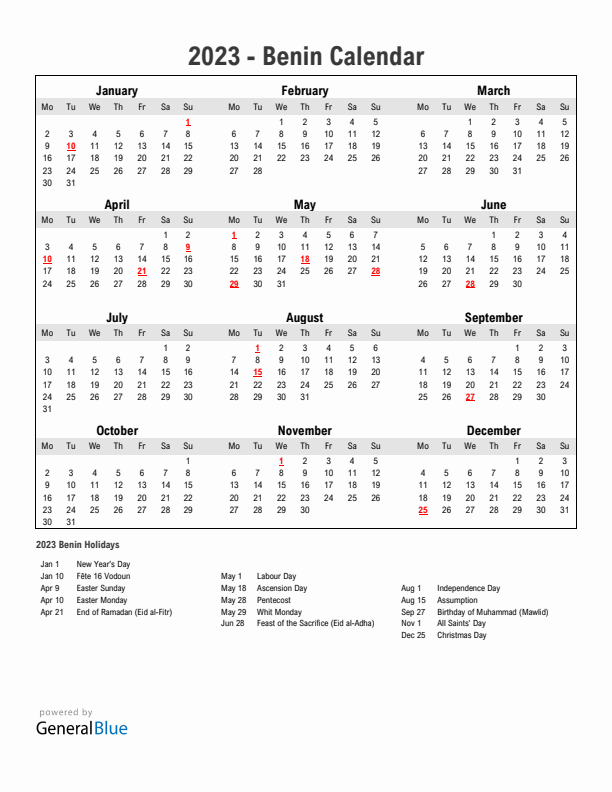 Year 2023 Simple Calendar With Holidays in Benin
