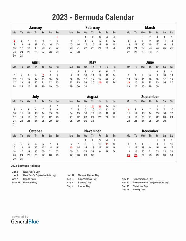 Year 2023 Simple Calendar With Holidays in Bermuda