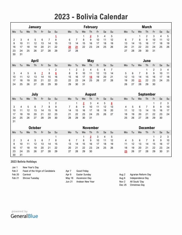 Year 2023 Simple Calendar With Holidays in Bolivia