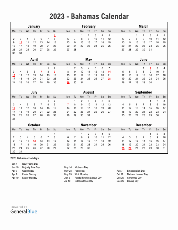 Year 2023 Simple Calendar With Holidays in Bahamas