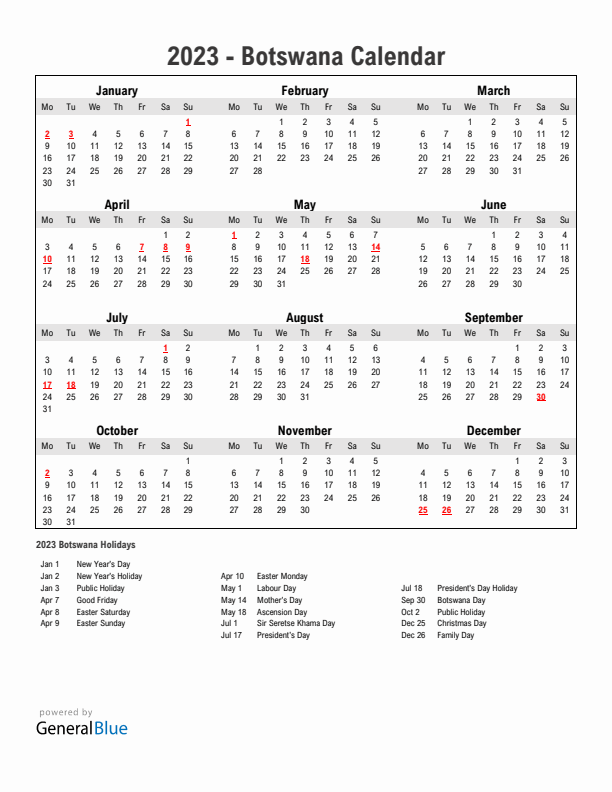 Year 2023 Simple Calendar With Holidays in Botswana