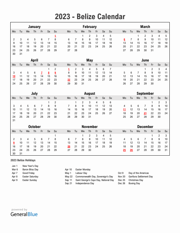 Year 2023 Simple Calendar With Holidays in Belize