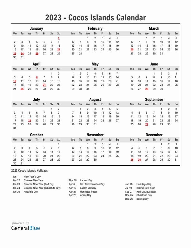Year 2023 Simple Calendar With Holidays in Cocos Islands