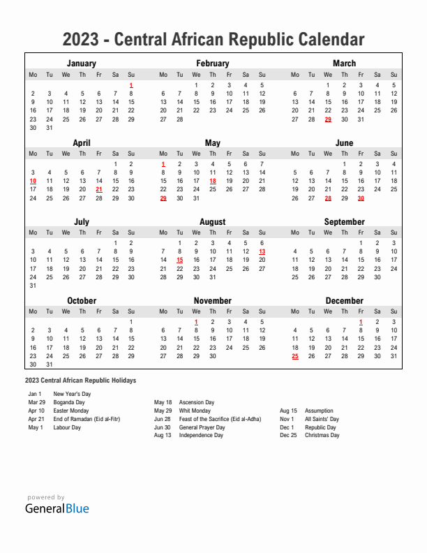 Year 2023 Simple Calendar With Holidays in Central African Republic