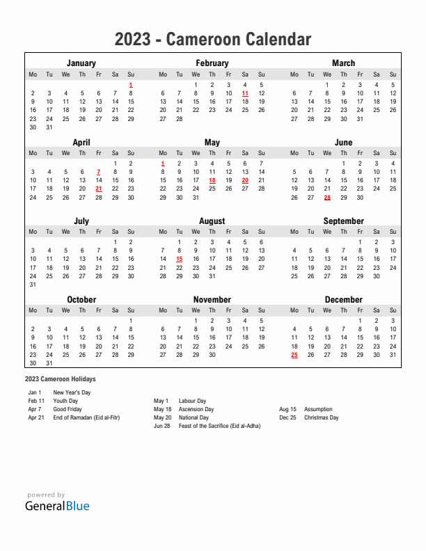 Year 2023 Simple Calendar With Holidays in Cameroon