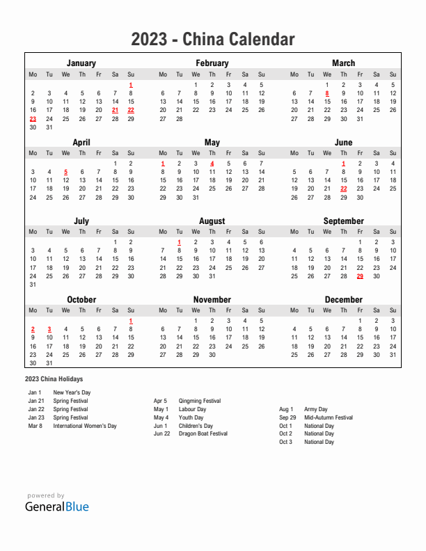 Year 2023 Simple Calendar With Holidays in China