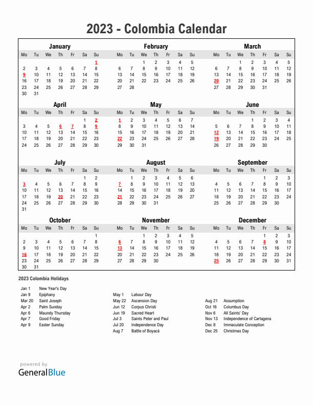 Year 2023 Simple Calendar With Holidays in Colombia