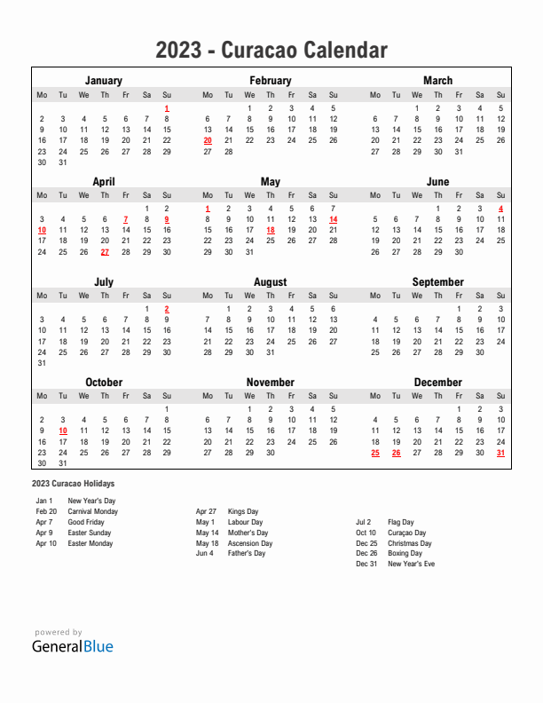 Year 2023 Simple Calendar With Holidays in Curacao