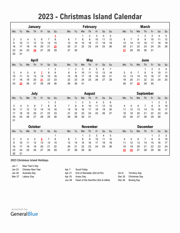 Year 2023 Simple Calendar With Holidays in Christmas Island