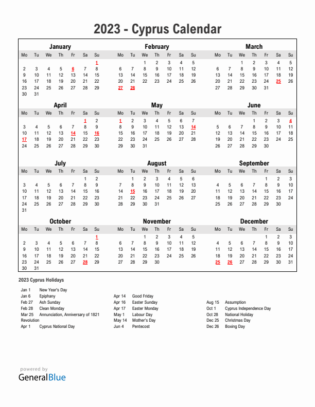 Year 2023 Simple Calendar With Holidays in Cyprus