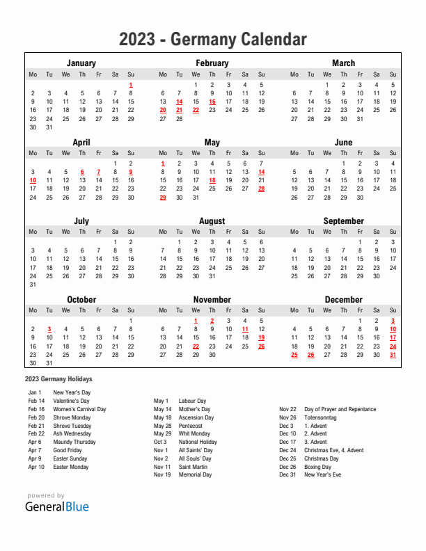 Year 2023 Simple Calendar With Holidays in Germany