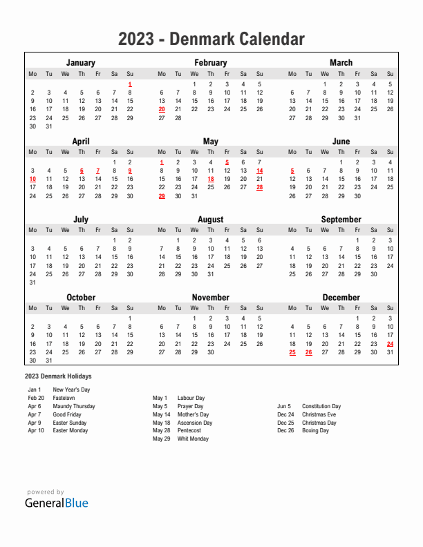 Year 2023 Simple Calendar With Holidays in Denmark