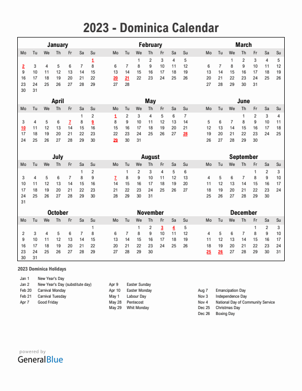 Year 2023 Simple Calendar With Holidays in Dominica