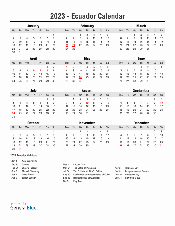 Year 2023 Simple Calendar With Holidays in Ecuador