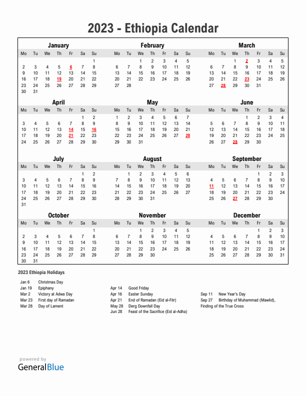 Year 2023 Simple Calendar With Holidays in Ethiopia