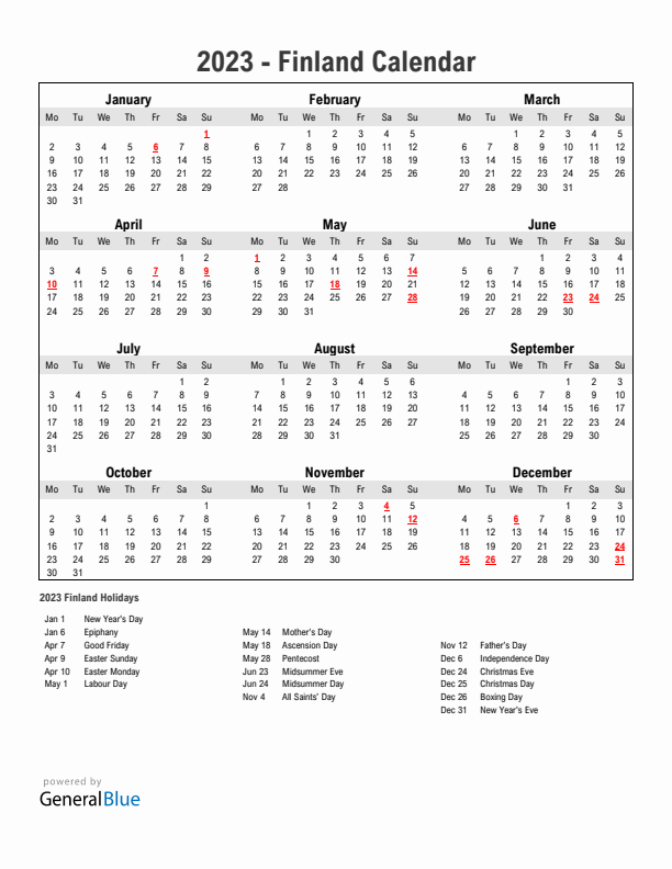 Year 2023 Simple Calendar With Holidays in Finland