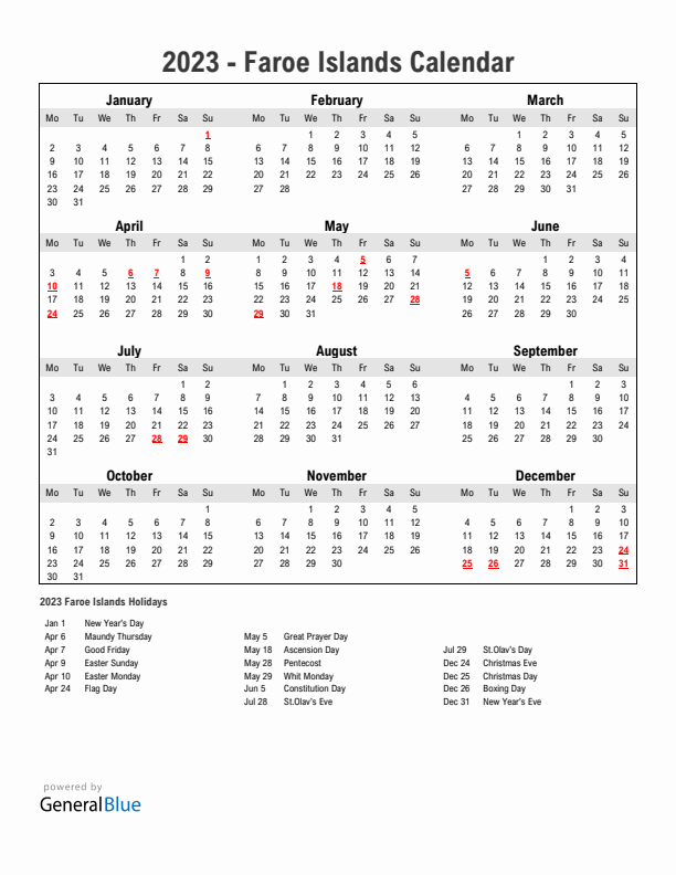 Year 2023 Simple Calendar With Holidays in Faroe Islands
