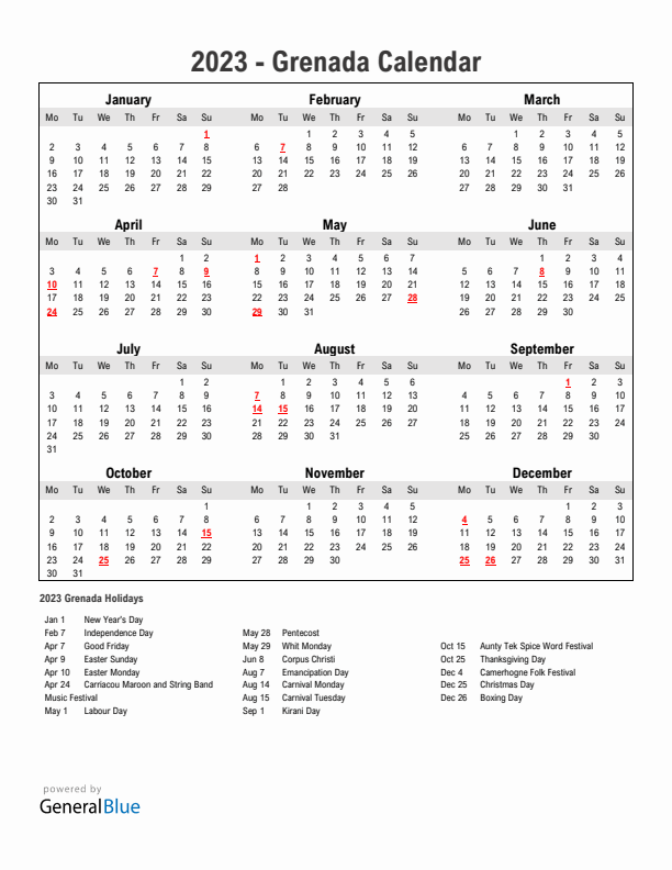 Year 2023 Simple Calendar With Holidays in Grenada