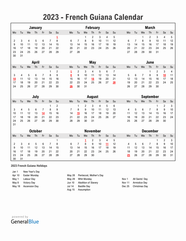 Year 2023 Simple Calendar With Holidays in French Guiana