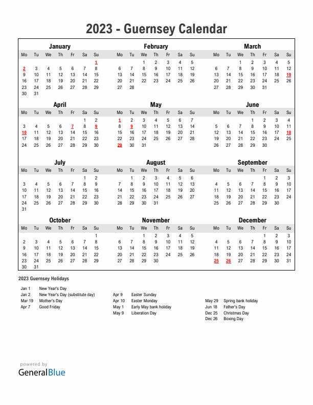 Year 2023 Simple Calendar With Holidays in Guernsey