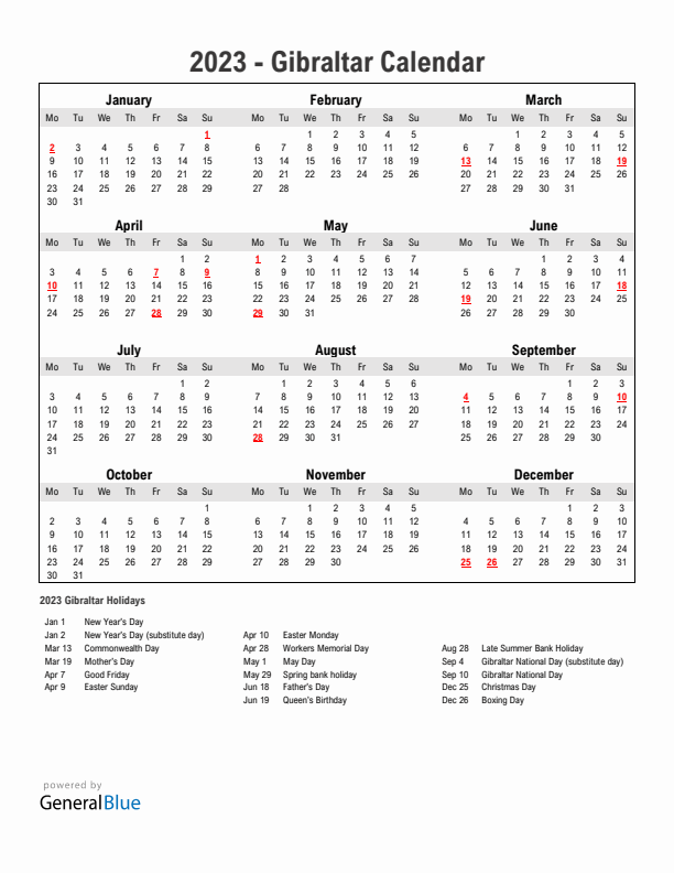 Year 2023 Simple Calendar With Holidays in Gibraltar