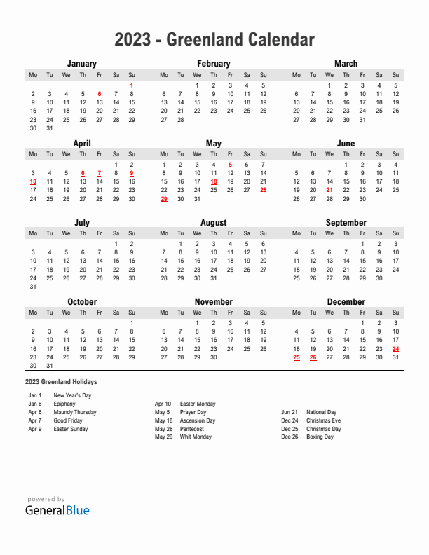 Year 2023 Simple Calendar With Holidays in Greenland