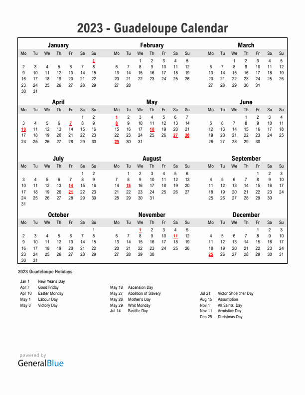 Year 2023 Simple Calendar With Holidays in Guadeloupe