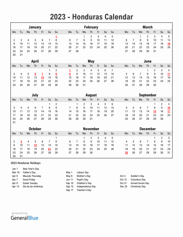 Year 2023 Simple Calendar With Holidays in Honduras