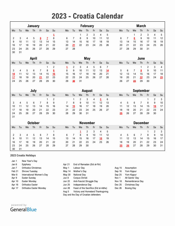 Year 2023 Simple Calendar With Holidays in Croatia