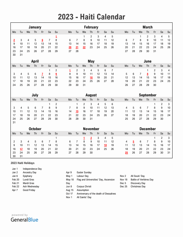 Year 2023 Simple Calendar With Holidays in Haiti